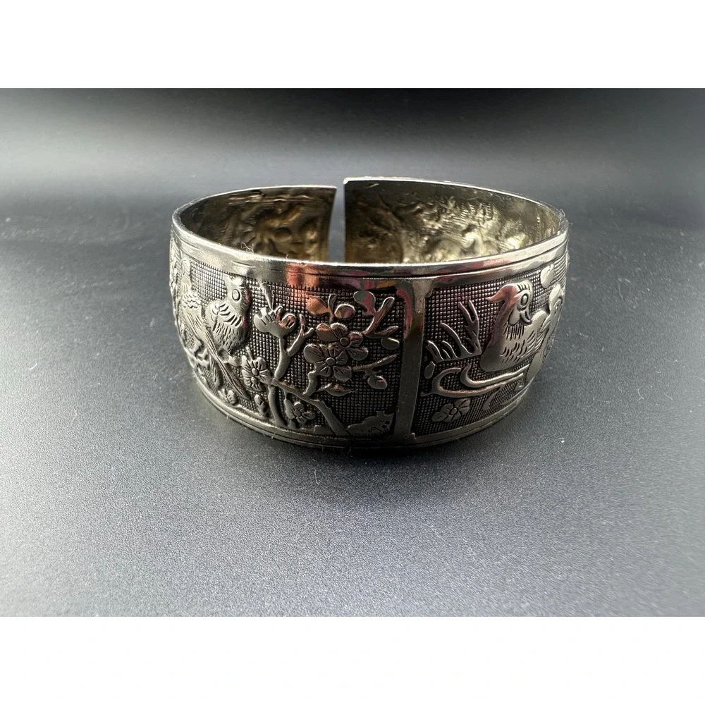 Antique Miao Silver Cuff Bracelet Late 1800s Handmade Talisman Of Eternal Love
